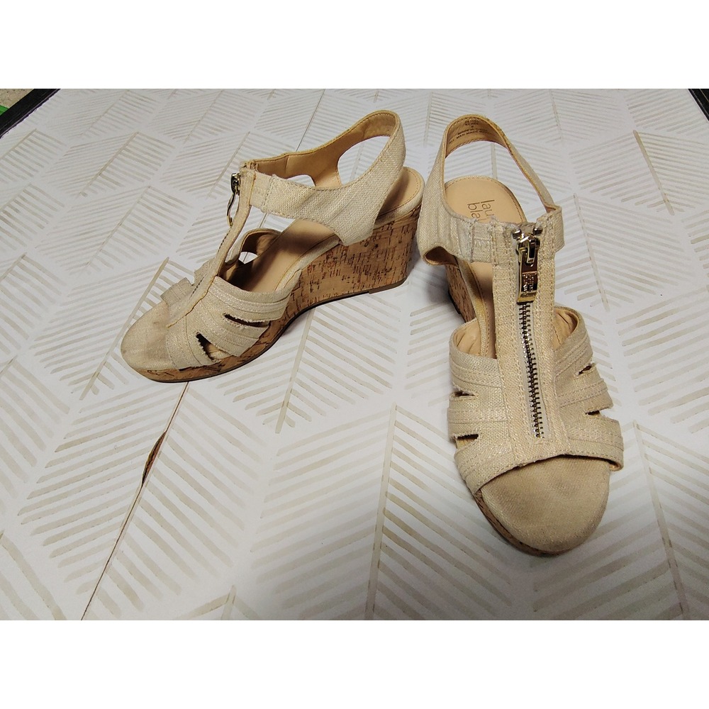 Lauren Blackwell Tan Linen Cork Wedge Sandals Front Zip Gold Hardware‎ Size 8